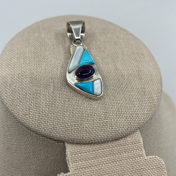 🌊 Jay King Mine Finds 925 Silver Turquoise, Amethyst & MOP Eye Pendant - Picture 6 of 10